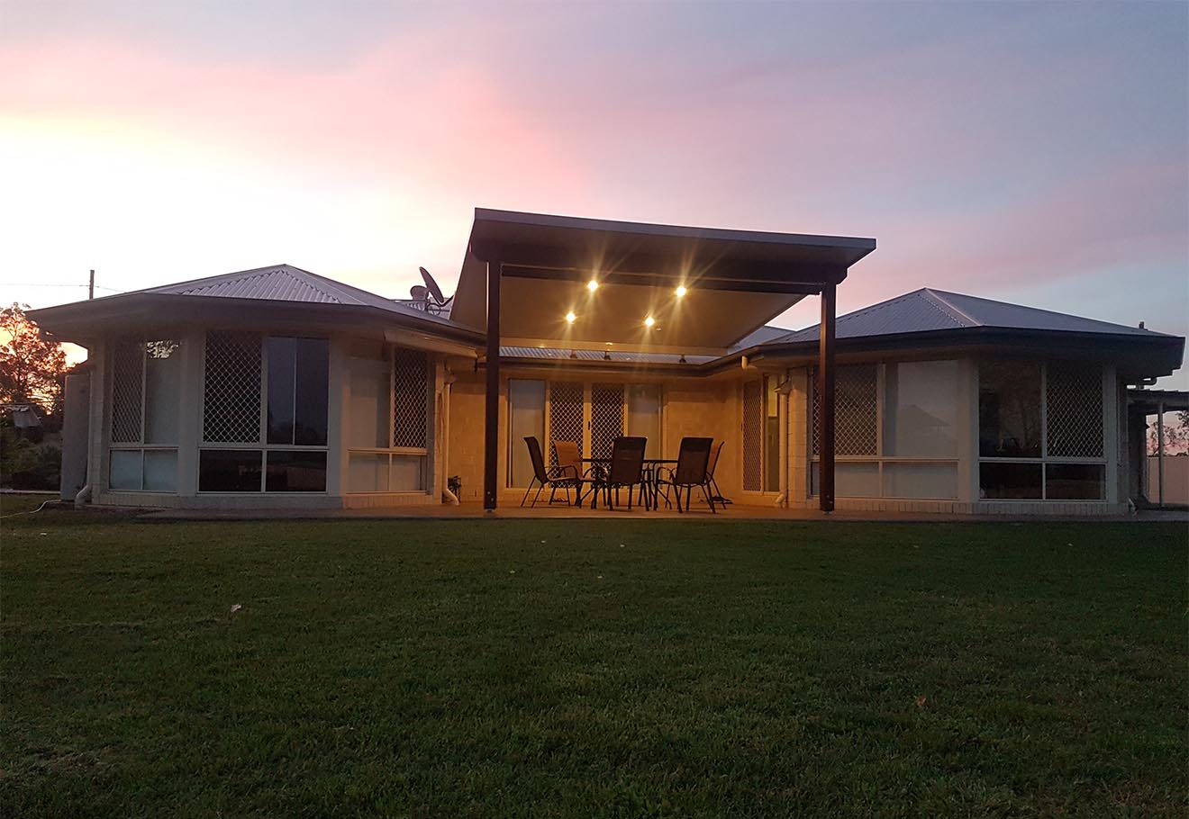 Patio with skillion roof at night