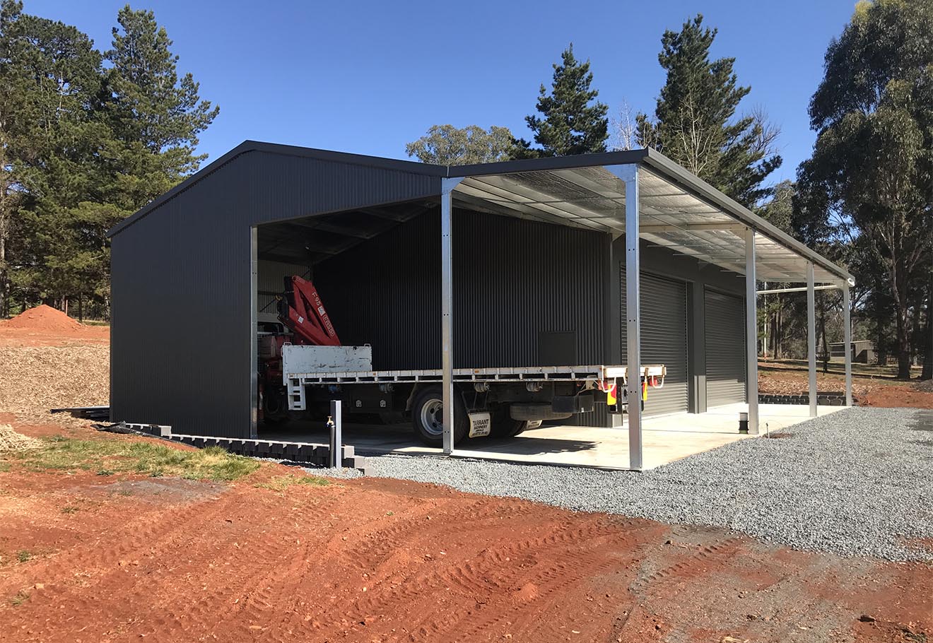 Aussie Outdoor Products two-door shed with vehicle bay